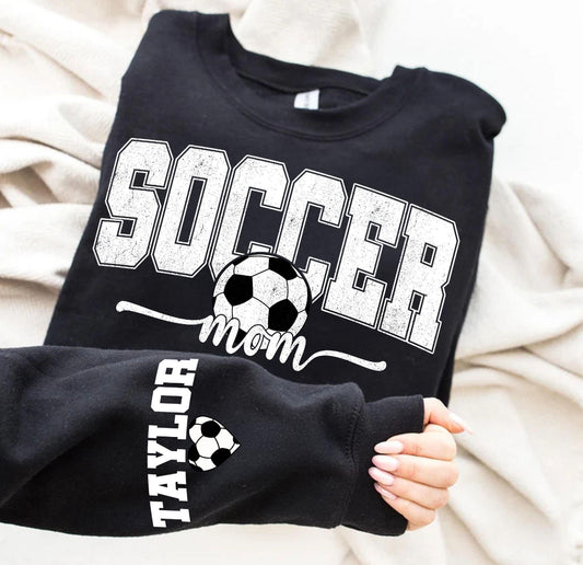 Personalize Soccer Mom Kids Name on Sleeve crewneck in White