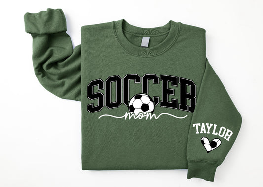 Personalize Soccer Mom Kids Name on Sleeve crewneck in Black