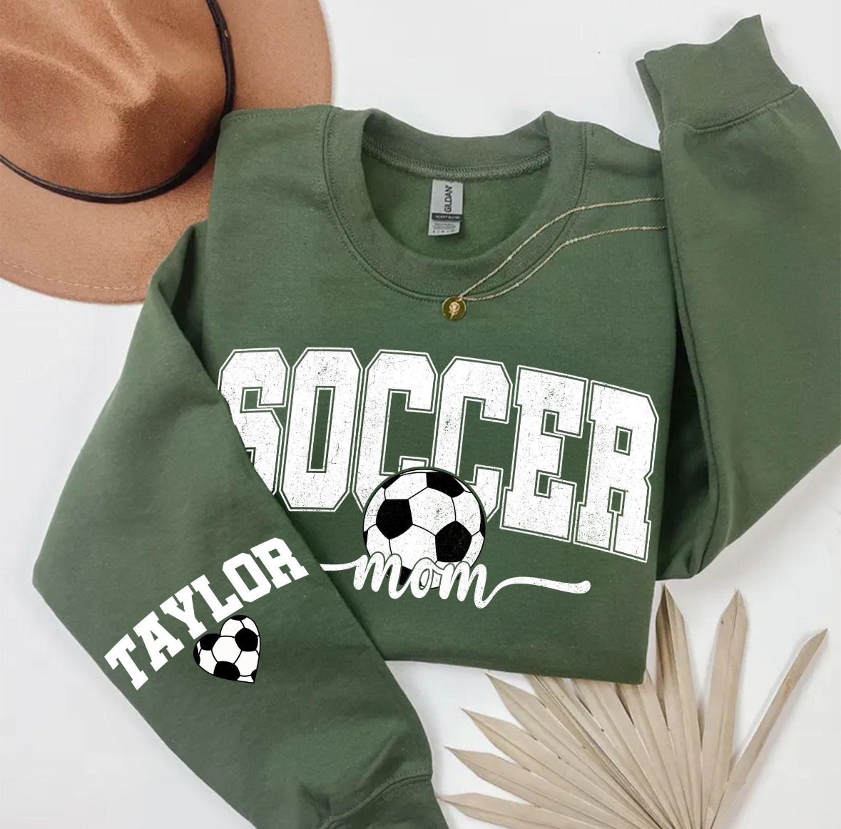 Personalize Soccer Mom Kids Name on Sleeve crewneck in White