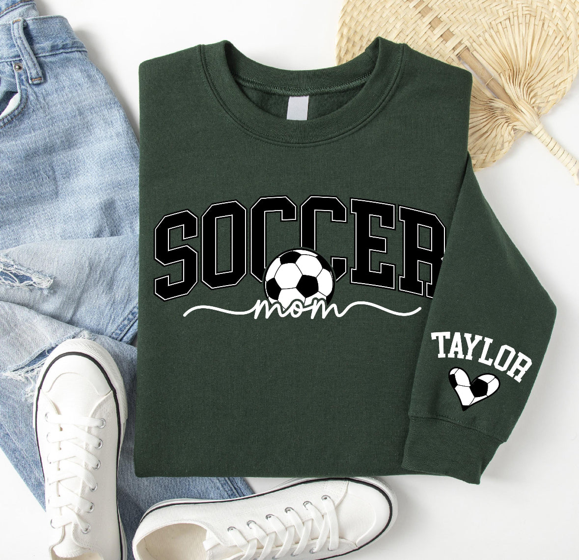 Personalize Soccer Mom Kids Name on Sleeve crewneck in Black